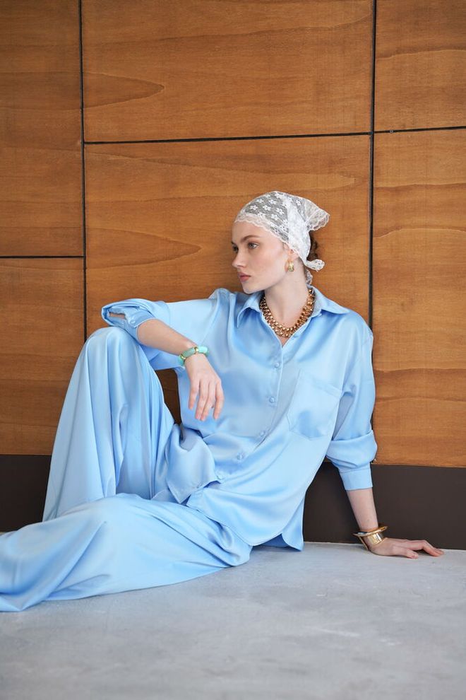 Topshow Blue Oversized Fit Casual Elegant Formal Shirt Wholesale Clothing Lounge