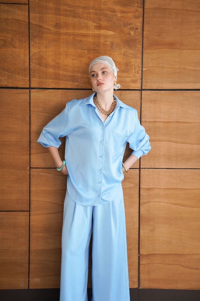 Topshow Blue Oversized Fit Casual Elegant Formal Shirt Wholesale Clothing 1