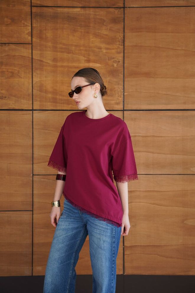 Topshow بلوزة أرجواني داكن بأكمام نصف مستقيمة وياقة مستديرة ملابس بالجملة صالة