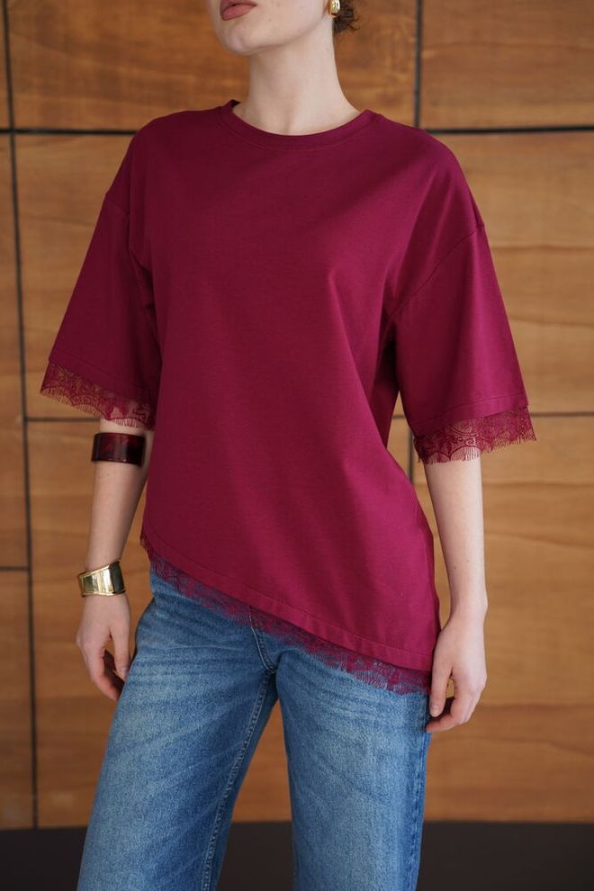 Topshow بلوزة أرجواني داكن بأكمام نصف مستقيمة وياقة مستديرة ملابس بالجملة ربيع