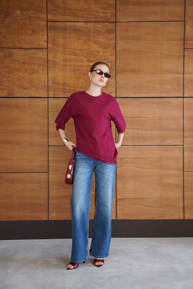 Topshow بلوزة أرجواني داكن بأكمام نصف مستقيمة وياقة مستديرة ملابس بالجملة 1