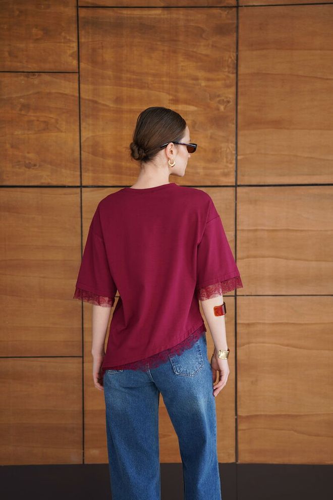 Topshow بلوزة أرجواني داكن بأكمام نصف مستقيمة وياقة مستديرة ملابس بالجملة رائع