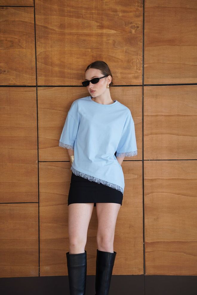 Topshow بلوزة أزرق غير رسمي أنيقة بأكمام نصفية ملابس بالجملة 1