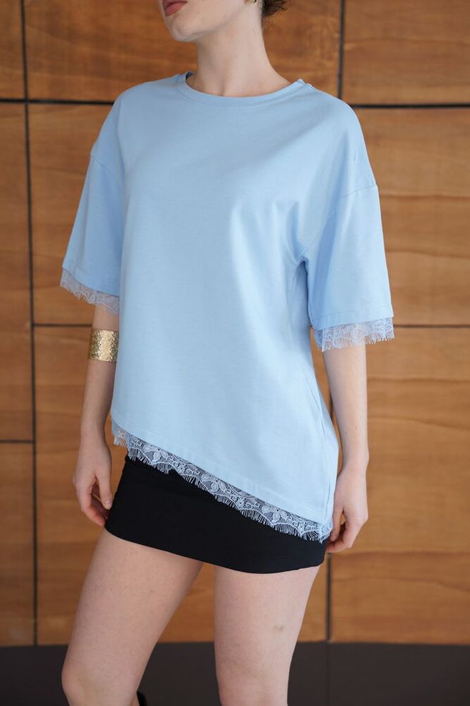 Topshow بلوزة أزرق غير رسمي أنيقة بأكمام نصفية ملابس بالجملة ربيع