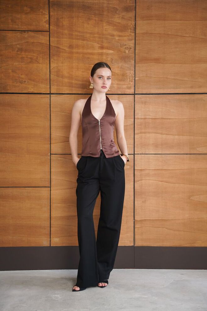 Topshow صدار بني بأكمام ضيقة وسحّاب ملابس بالجملة 1