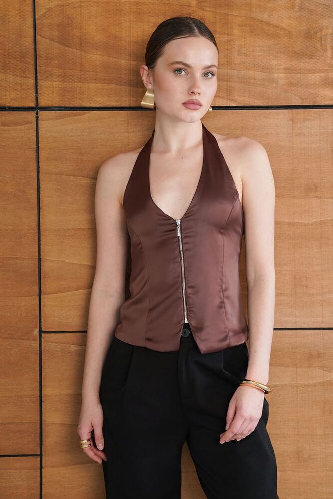 Topshow Brown Slim Fit Zip Up Vest Wholesale Clothing Sexy