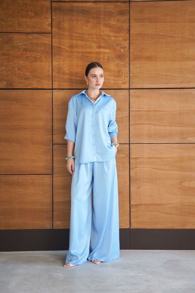 Topshow Blue Palazzo Pants With Wide Leg And Mid Waist Wholesale Clothing 1