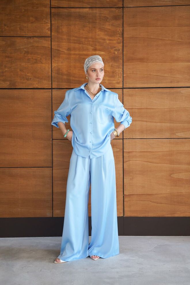 Topshow Blue Palazzo Pants With Wide Leg And Mid Waist Wholesale Clothing Work