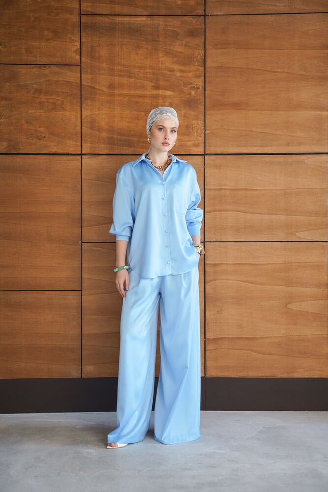 Topshow Blue Palazzo Pants With Wide Leg And Mid Waist Wholesale Clothing Spring