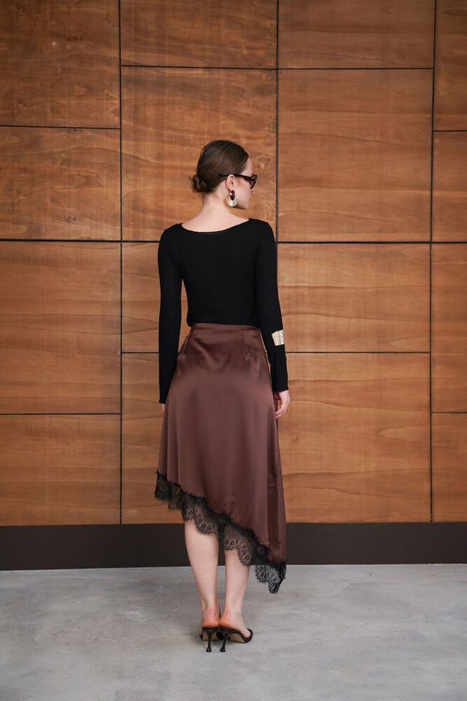 Topshow Brown Elegant Asymmetrical Midi Skirt Wholesale Clothing Formal