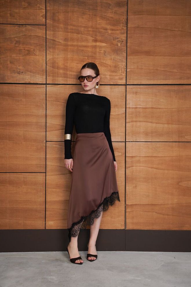 Topshow Brown Elegant Asymmetrical Midi Skirt Wholesale Clothing Work