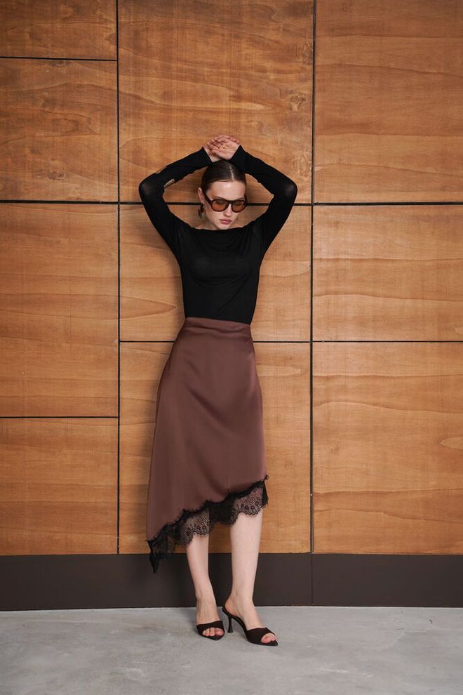 Topshow Brown Elegant Asymmetrical Midi Skirt Wholesale Clothing 1