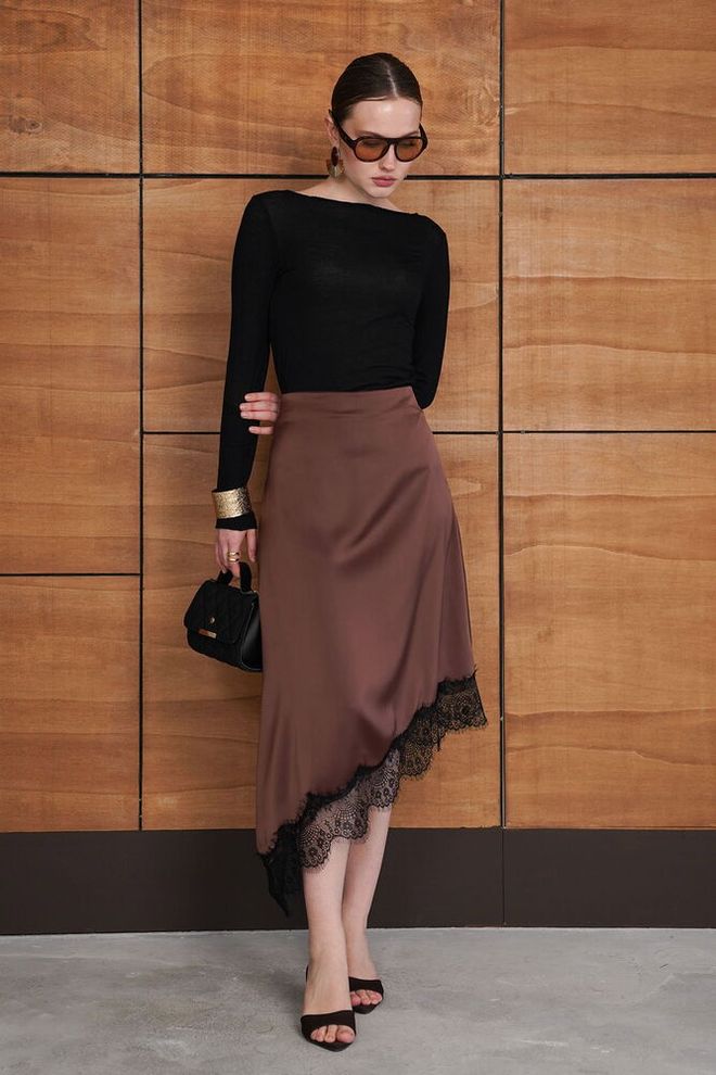 Topshow Brown Elegant Asymmetrical Midi Skirt Wholesale Clothing Sexy