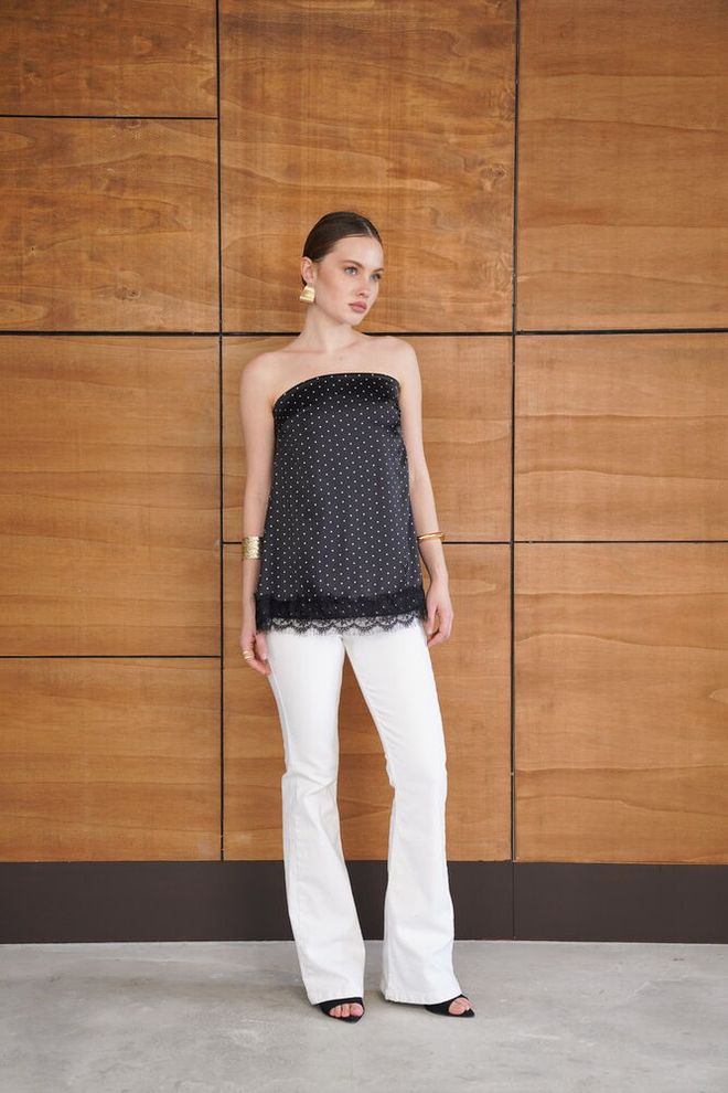 Topshow Elegant Black Blouse With Polka Dot Cap Sleeves Wholesale Clothing Work