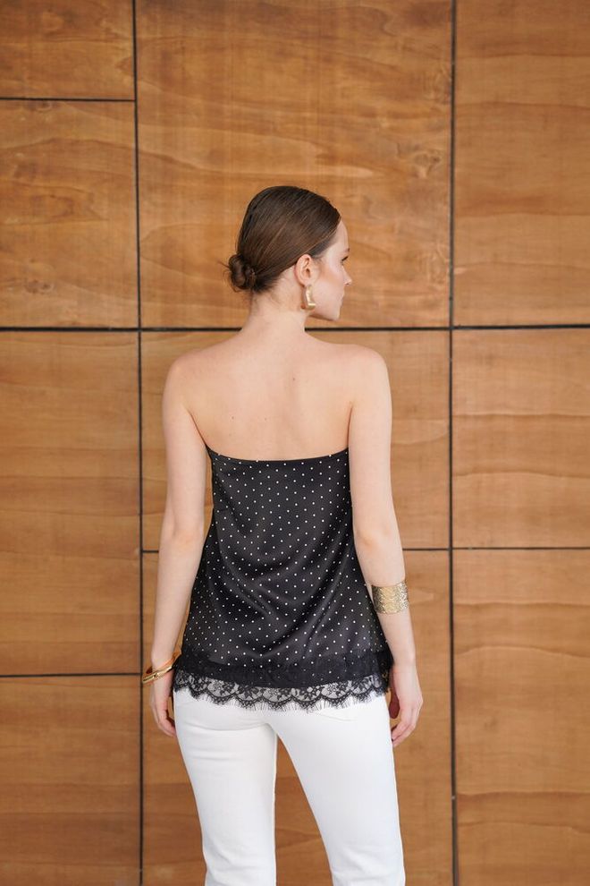 Topshow Elegant Black Blouse With Polka Dot Cap Sleeves Wholesale Clothing Sexy