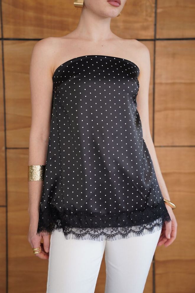 Topshow Elegant Black Blouse With Polka Dot Cap Sleeves Wholesale Clothing Spring