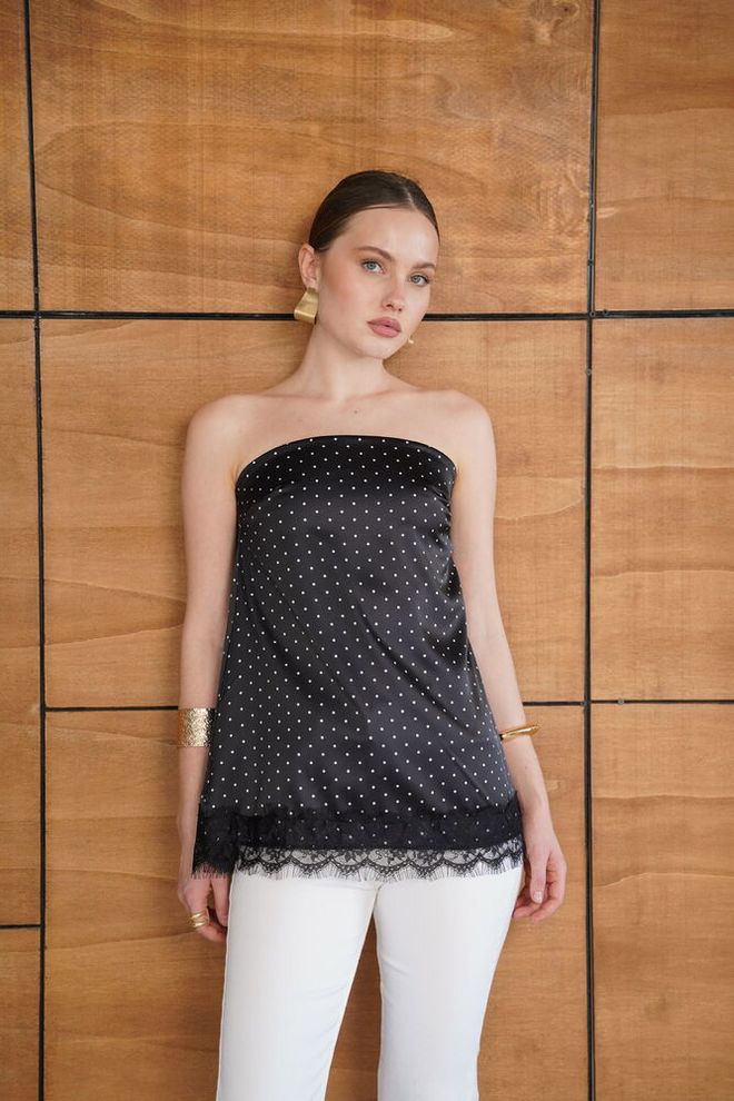 Topshow Elegant Black Blouse With Polka Dot Cap Sleeves Wholesale Clothing 1