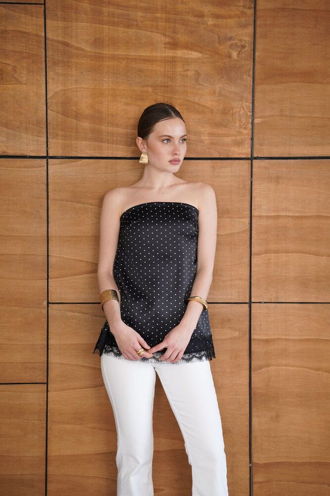 Topshow Elegant Black Blouse With Polka Dot Cap Sleeves Wholesale Clothing Vintage