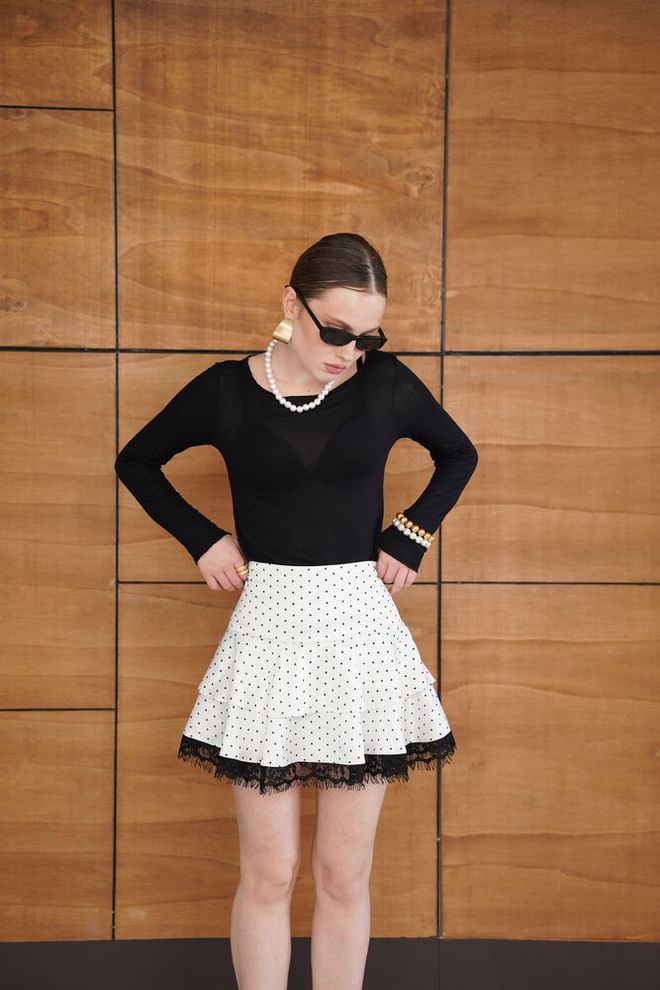 Topshow White Polka Dot Flared Mini Skirt Wholesale Clothing Work