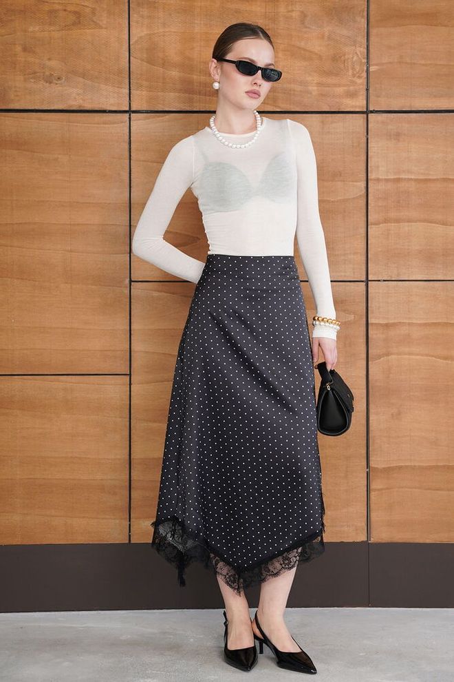 Topshow Black Elegant High Waist Polka Dot Asymmetrical Midi Skirt Wholesale Clothing Vintage