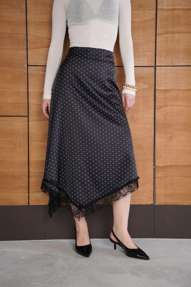 Topshow Black Elegant High Waist Polka Dot Asymmetrical Midi Skirt Wholesale Clothing Formal
