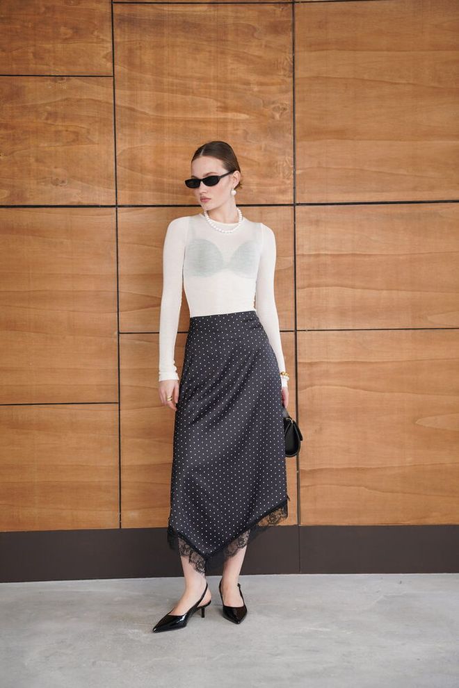 Topshow Black Elegant High Waist Polka Dot Asymmetrical Midi Skirt Wholesale Clothing Work