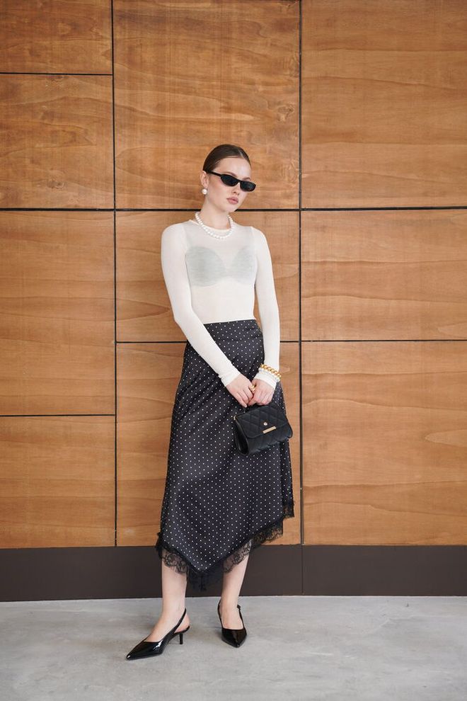 Topshow Black Elegant High Waist Polka Dot Asymmetrical Midi Skirt Wholesale Clothing 1