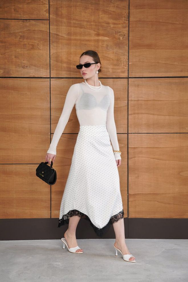 Topshow White Elegant Asymmetrical Midi Skirt Wholesale Clothing 1