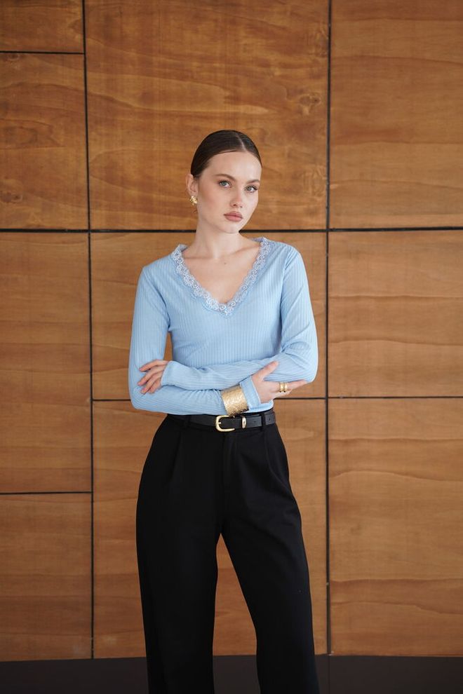 Topshow Blue Blouse With Long Sleeve V Neck Slim Fit Wholesale Clothing 1