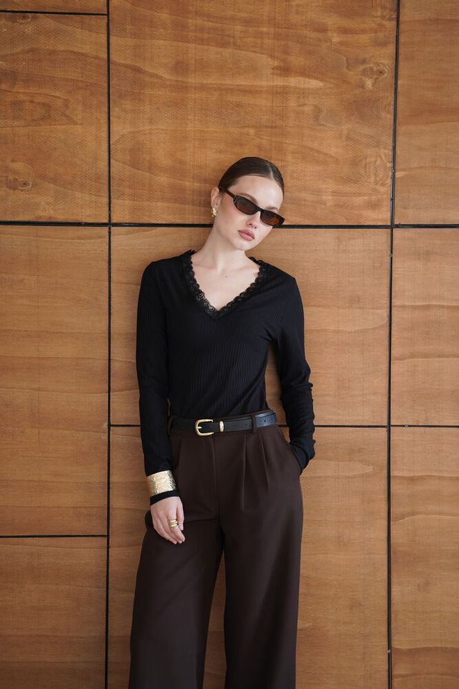 Topshow Black Striped Elegant Slim Fit V Neck Blouse Wholesale Clothing 1