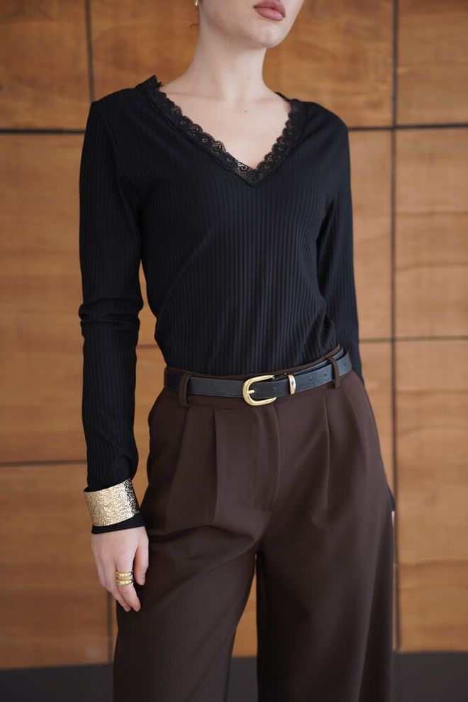Topshow Black Striped Elegant Slim Fit V Neck Blouse Wholesale Clothing Spring
