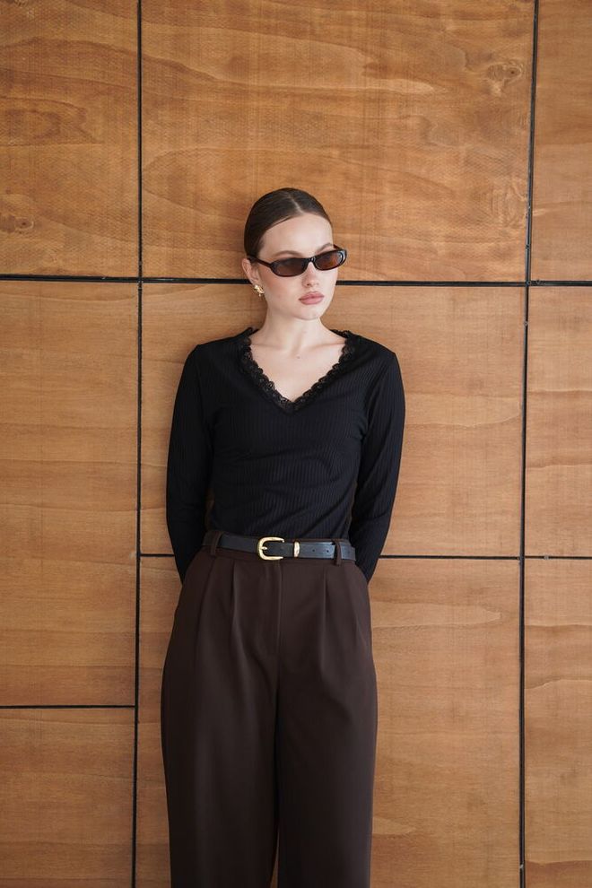 Topshow Black Striped Elegant Slim Fit V Neck Blouse Wholesale Clothing Formal