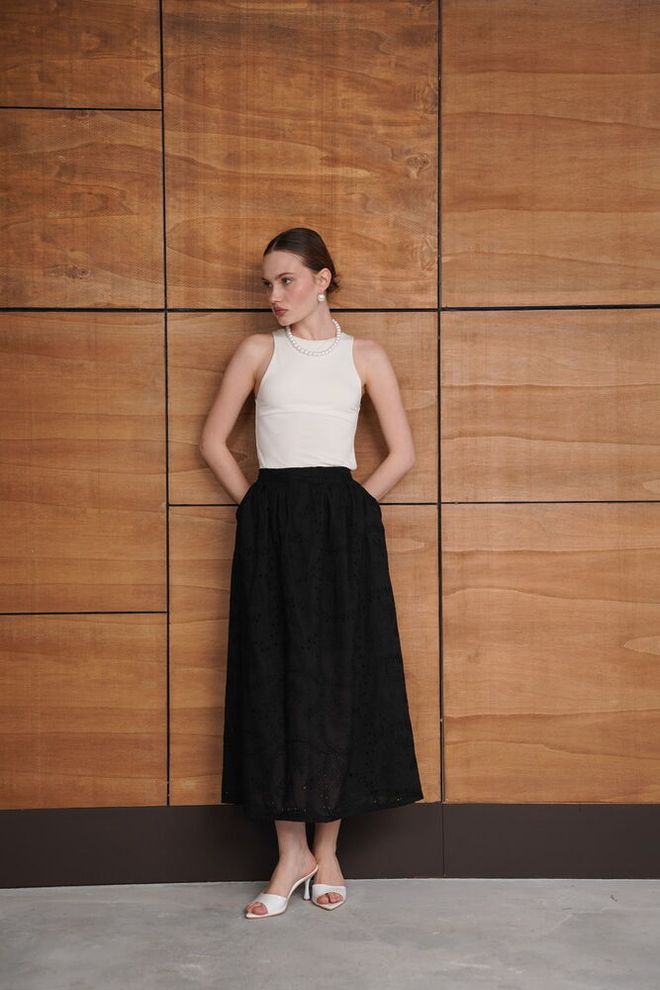 Topshow Black Elegant High Waist Flared Maxi Skirt Wholesale Clothing Work