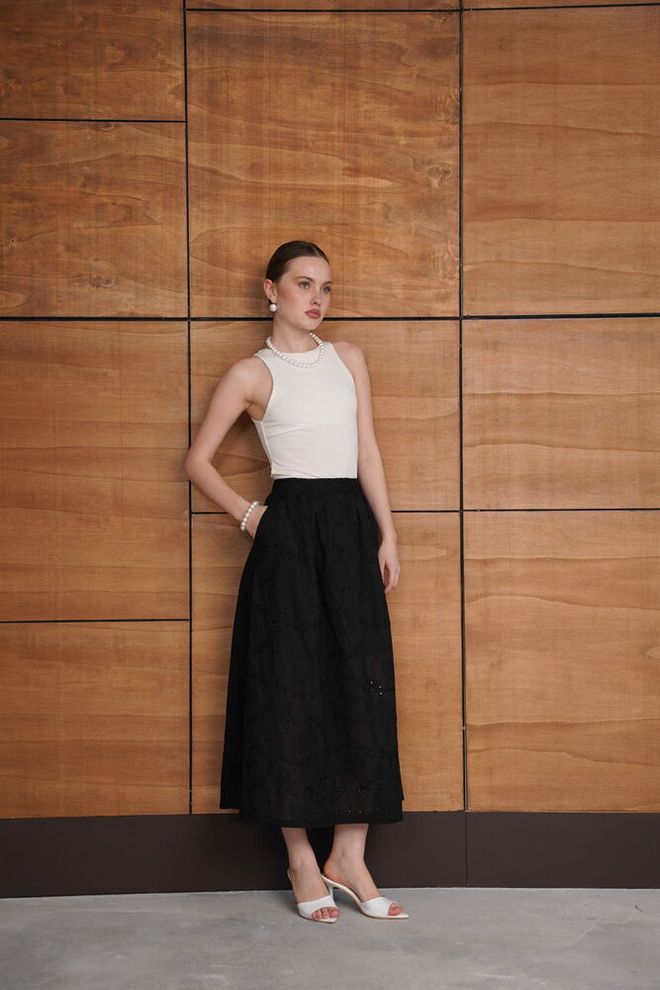 Topshow Black Elegant High Waist Flared Maxi Skirt Wholesale Clothing Casual