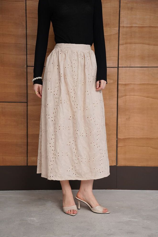 Topshow Beige Elegant Flared Maxi Skirt High Waist Wholesale Clothing Spring