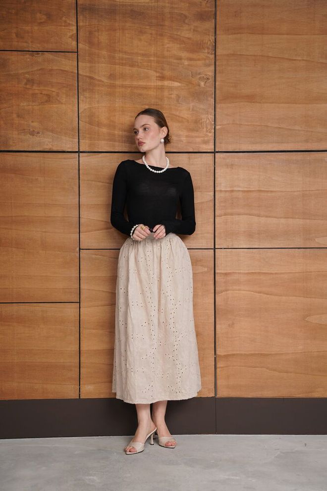Topshow Beige Elegant Flared Maxi Skirt High Waist Wholesale Clothing Work