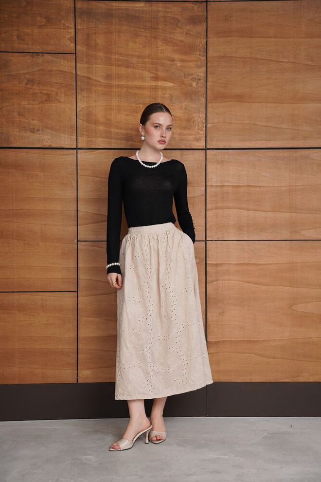 Topshow Beige Elegant Flared Maxi Skirt High Waist Wholesale Clothing Casual