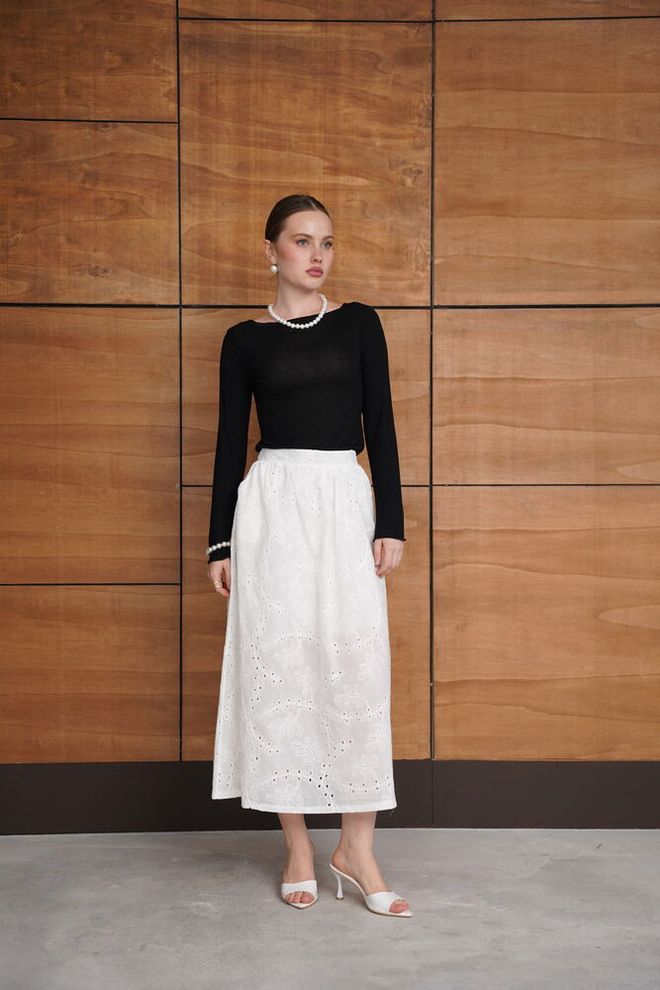 Topshow White A Line Midi Skirt High Waist Pull On Wholesale Clothing Casual