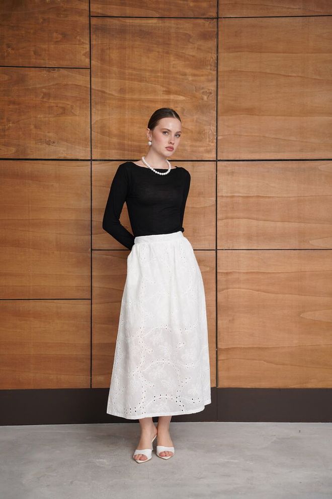 Topshow White A Line Midi Skirt High Waist Pull On Wholesale Clothing 1