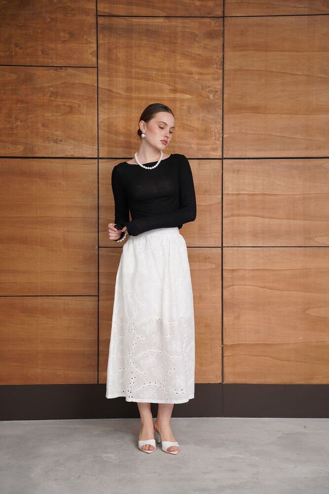 Topshow White A Line Midi Skirt High Waist Pull On Wholesale Clothing Work