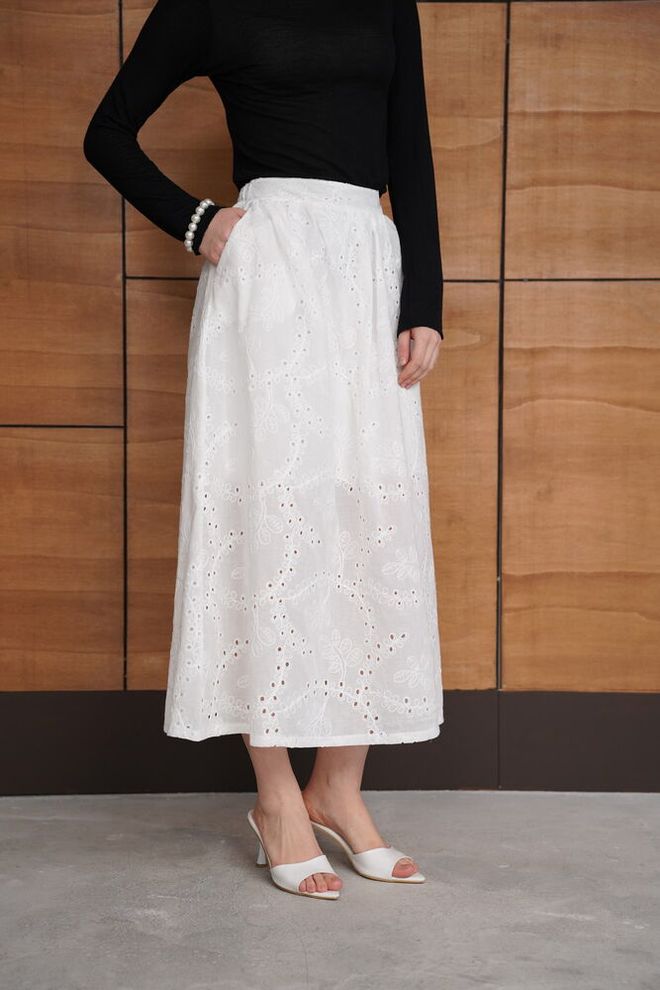 Topshow White A Line Midi Skirt High Waist Pull On Wholesale Clothing Spring
