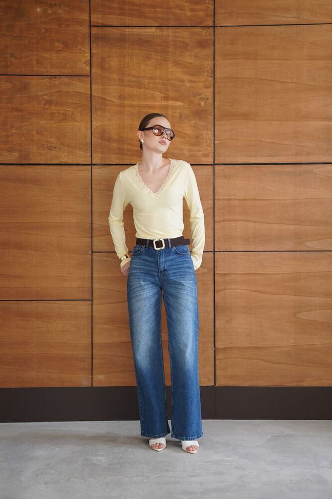 Topshow Yellow Striped Slim Fit V Neck Blouse Wholesale Clothing Elegant