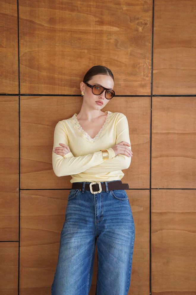 Topshow Yellow Striped Slim Fit V Neck Blouse Wholesale Clothing 1