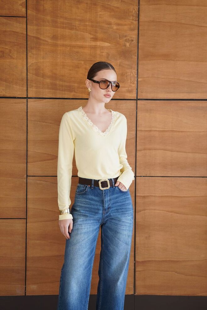 Topshow Yellow Striped Slim Fit V Neck Blouse Wholesale Clothing Lounge