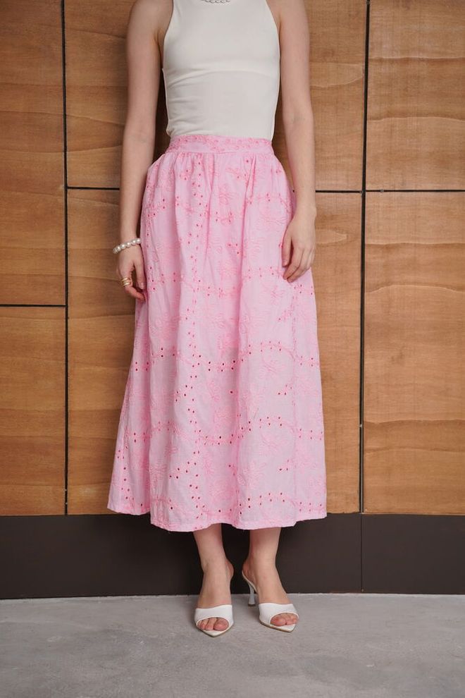 Topshow Pink Flared Maxi Skirt High Waist Seam Pocket Wholesale Clothing Spring