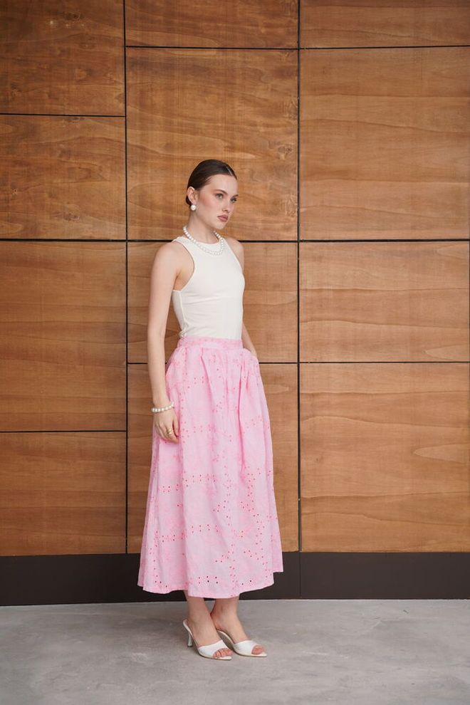 Topshow Pink Flared Maxi Skirt High Waist Seam Pocket Wholesale Clothing Beach