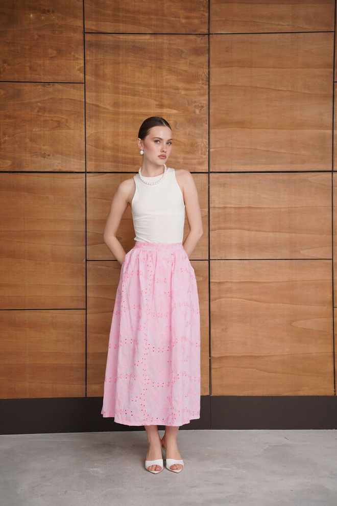 Topshow Pink Flared Maxi Skirt High Waist Seam Pocket Wholesale Clothing 1