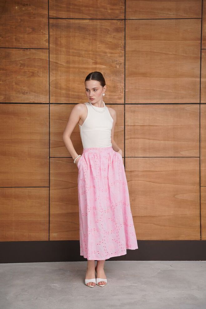 Topshow Pink Flared Maxi Skirt High Waist Seam Pocket Wholesale Clothing Vintage