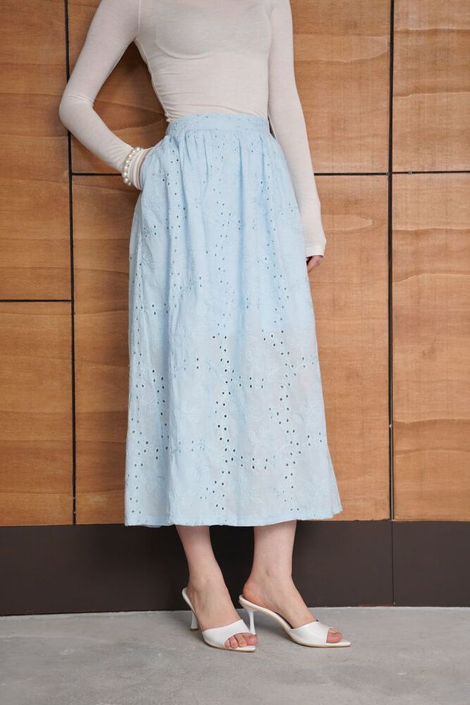 Topshow Blue A Line High Waist Midi Skirt Wholesale Clothing Casual