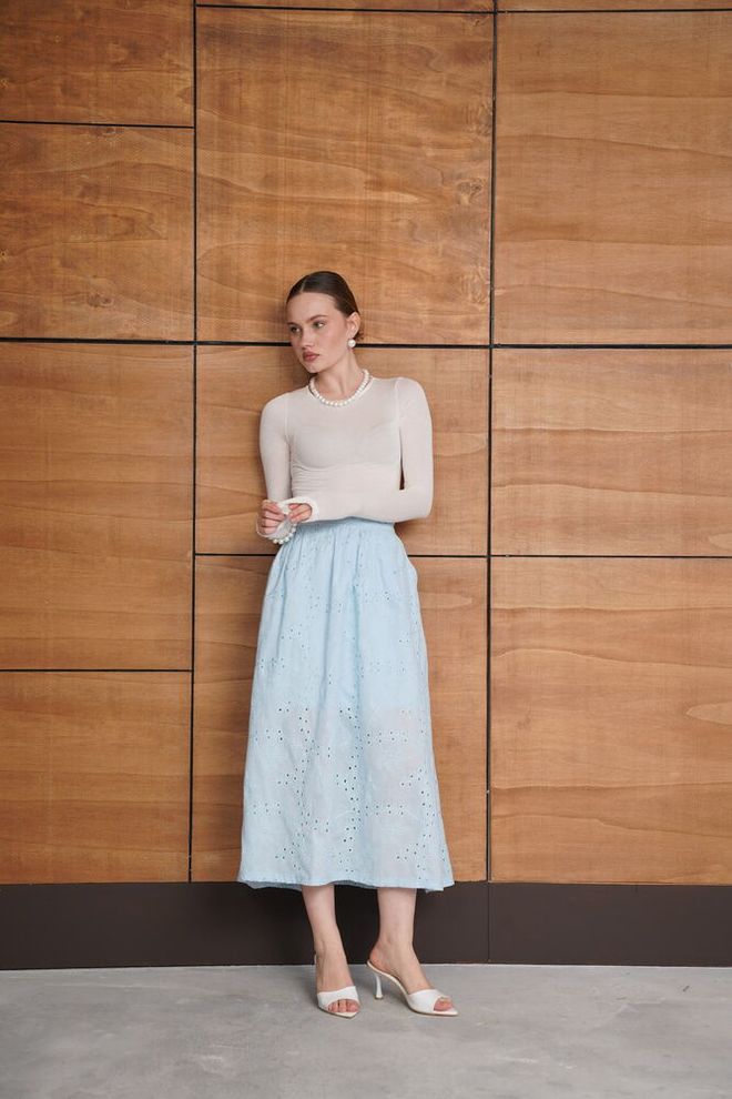 Topshow Blue A Line High Waist Midi Skirt Wholesale Clothing 1